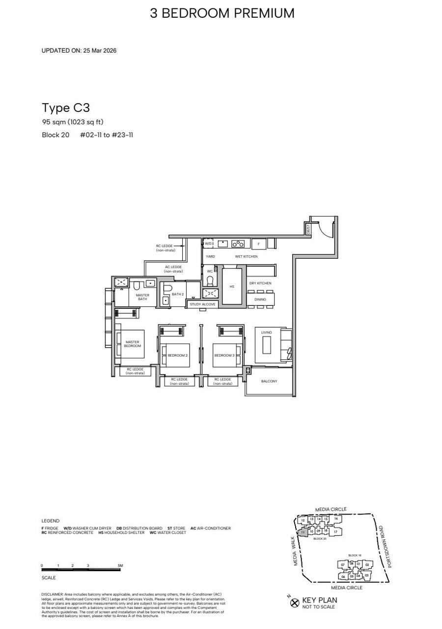 Type C3 3 Bedroom Premium floor plan, 1023 sqft