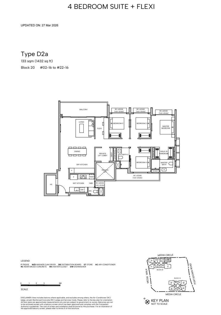 Type D2a 4 Bedroom Suite plus Flexi floor plan with private lift, 1432 sqft