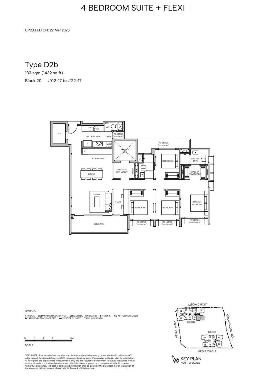 Type D2b 4 Bedroom Suite plus Flexi floor plan with private lift, 1432 sqft